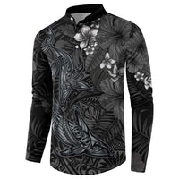 Hawaiian Tropical Plants and Tribal Whales Button Sweatshirt Polynesian Art Tattoo Grayscale