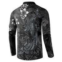Hawaiian Tropical Plants and Tribal Whales Button Sweatshirt Polynesian Art Tattoo Grayscale