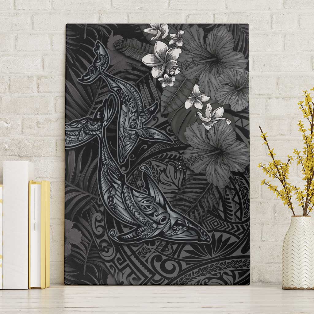 Hawaiian Tropical Plants and Tribal Whales Canvas Wall Art Polynesian Art Tattoo Grayscale