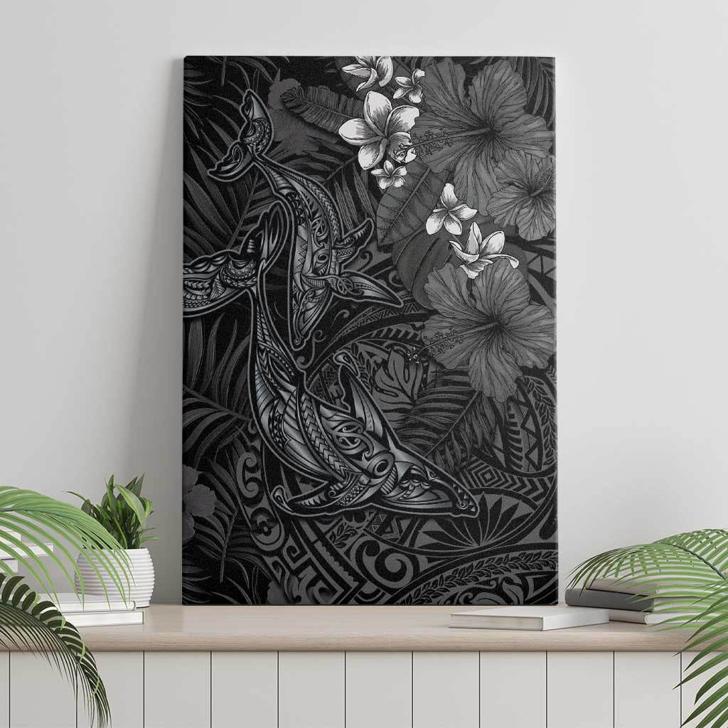 Hawaiian Tropical Plants and Tribal Whales Canvas Wall Art Polynesian Art Tattoo Grayscale