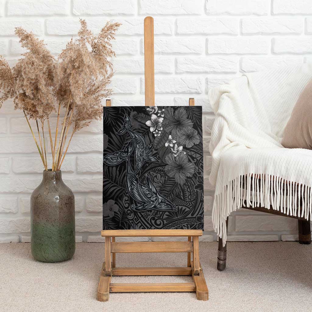 Hawaiian Tropical Plants and Tribal Whales Canvas Wall Art Polynesian Art Tattoo Grayscale