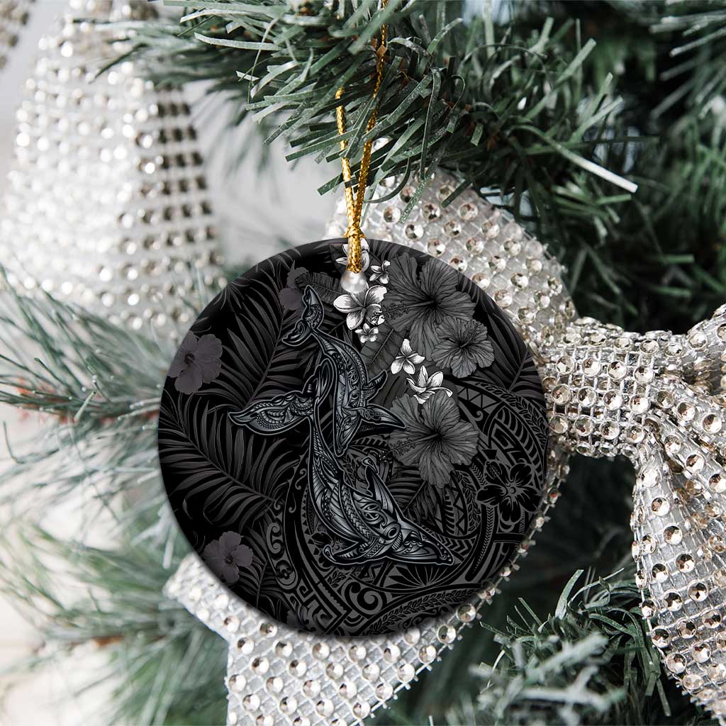 Hawaiian Tropical Plants and Tribal Whales Ceramic Ornament Polynesian Art Tattoo Grayscale