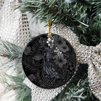 Hawaiian Tropical Plants and Tribal Whales Ceramic Ornament Polynesian Art Tattoo Grayscale