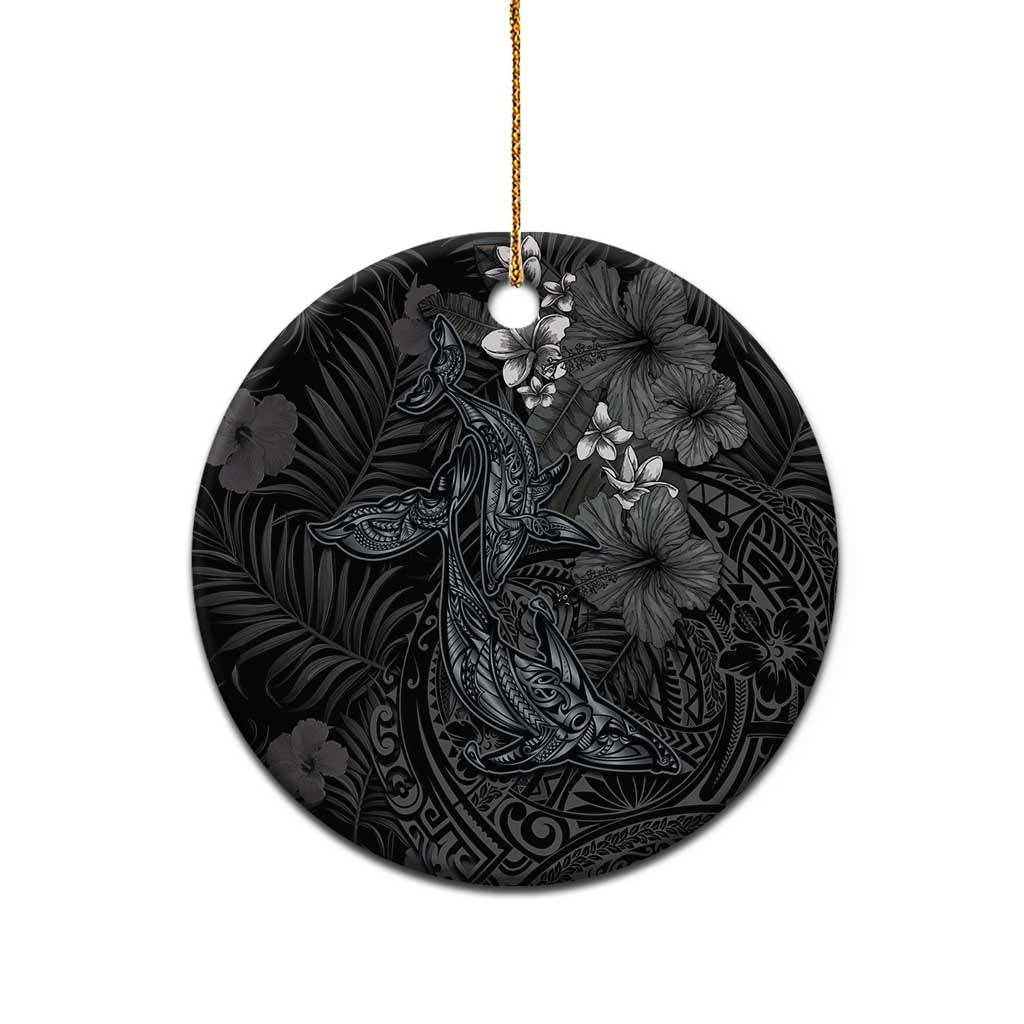 Hawaiian Tropical Plants and Tribal Whales Ceramic Ornament Polynesian Art Tattoo Grayscale