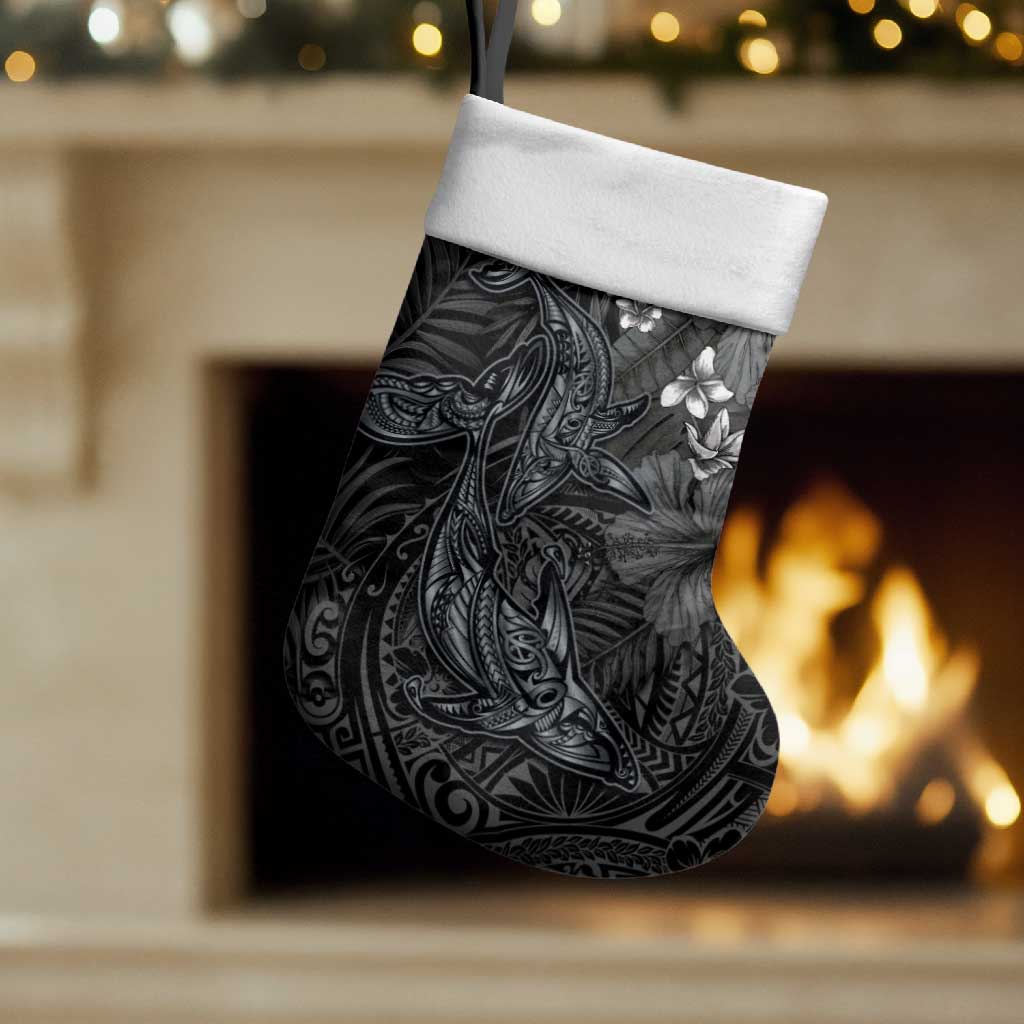 Hawaiian Tropical Plants and Tribal Whales Christmas Stocking Polynesian Art Tattoo Grayscale