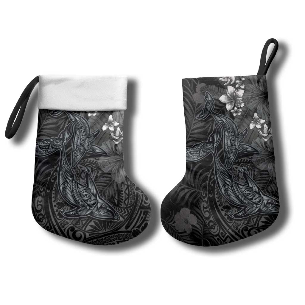 Hawaiian Tropical Plants and Tribal Whales Christmas Stocking Polynesian Art Tattoo Grayscale