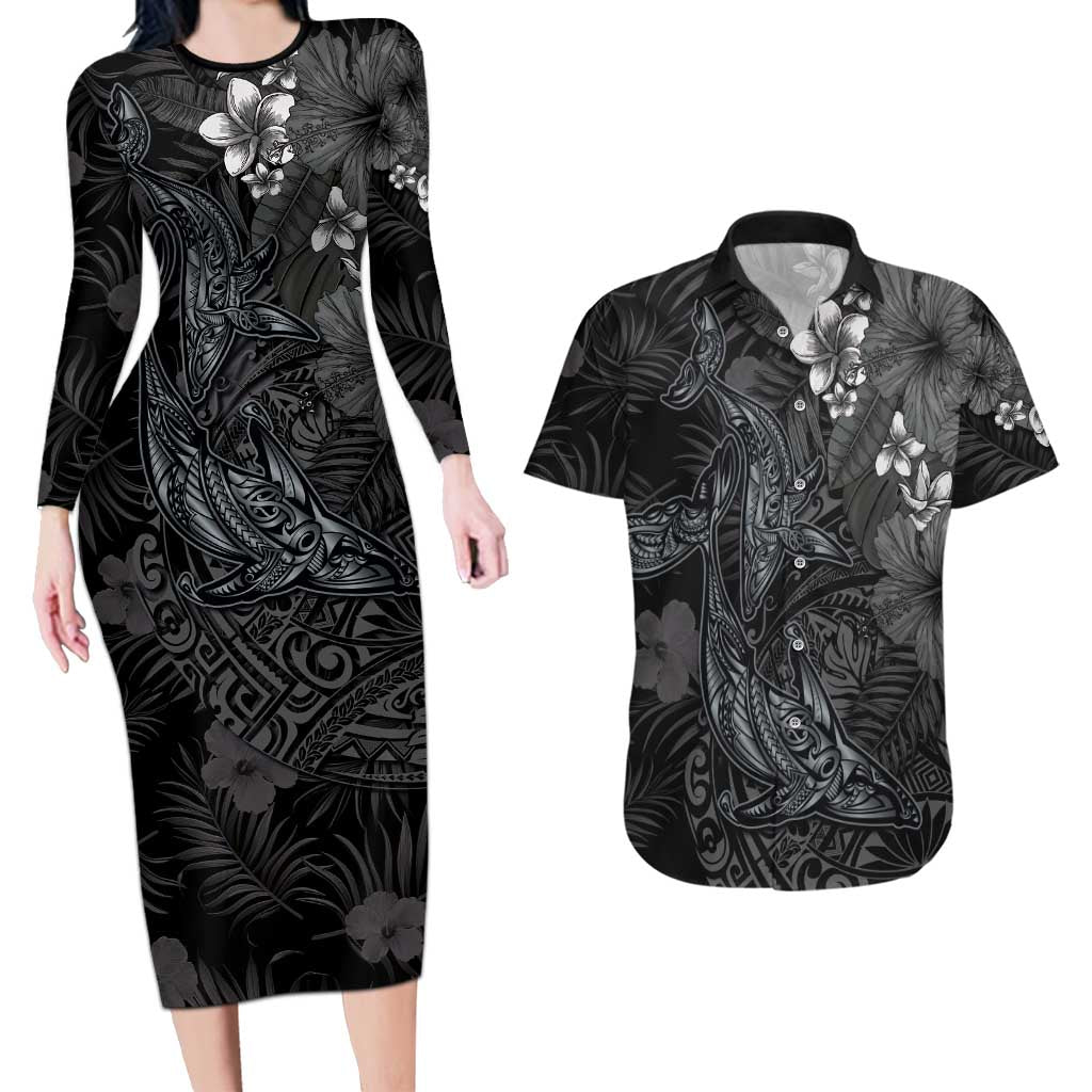Hawaiian Tropical Plants and Tribal Whales Couples Matching Long Sleeve Bodycon Dress and Hawaiian Shirt Polynesian Art Tattoo Grayscale LT03 Black - Polynesian Pride