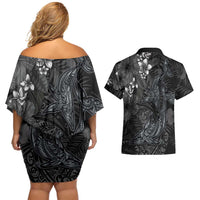 Hawaiian Tropical Plants and Tribal Whales Couples Matching Off Shoulder Short Dress and Hawaiian Shirt Polynesian Art Tattoo Grayscale LT03 - Polynesian Pride