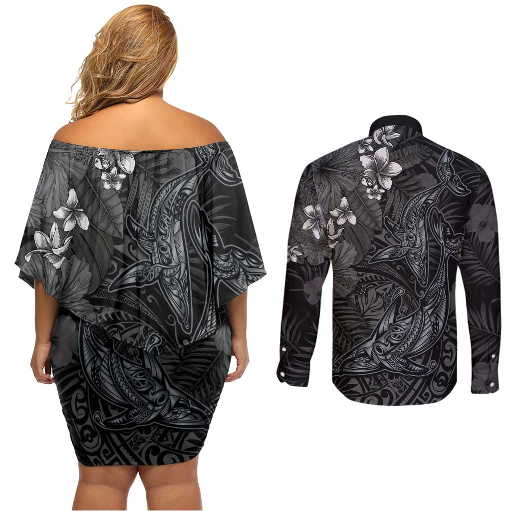 Hawaiian Tropical Plants and Tribal Whales Couples Matching Off Shoulder Short Dress and Long Sleeve Button Shirt Polynesian Art Tattoo Grayscale LT03 - Polynesian Pride