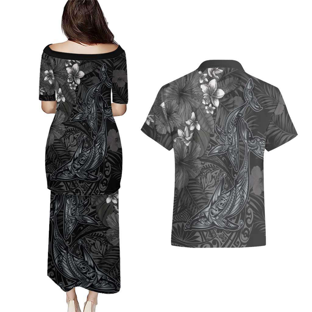 Hawaiian Tropical Plants and Tribal Whales Couples Matching Puletasi and Hawaiian Shirt Polynesian Art Tattoo Grayscale LT03 - Polynesian Pride