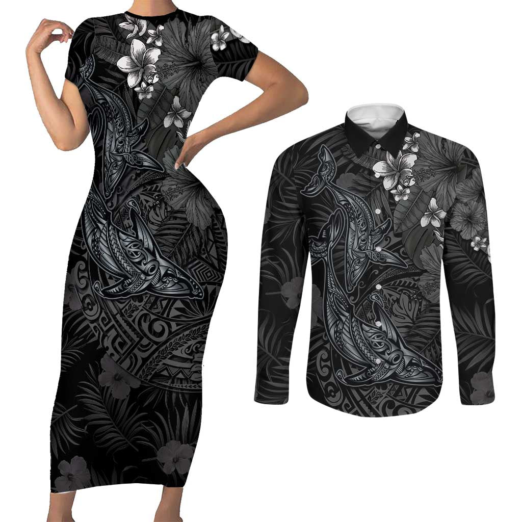 Hawaiian Tropical Plants and Tribal Whales Couples Matching Short Sleeve Bodycon Dress and Long Sleeve Button Shirt Polynesian Art Tattoo Grayscale