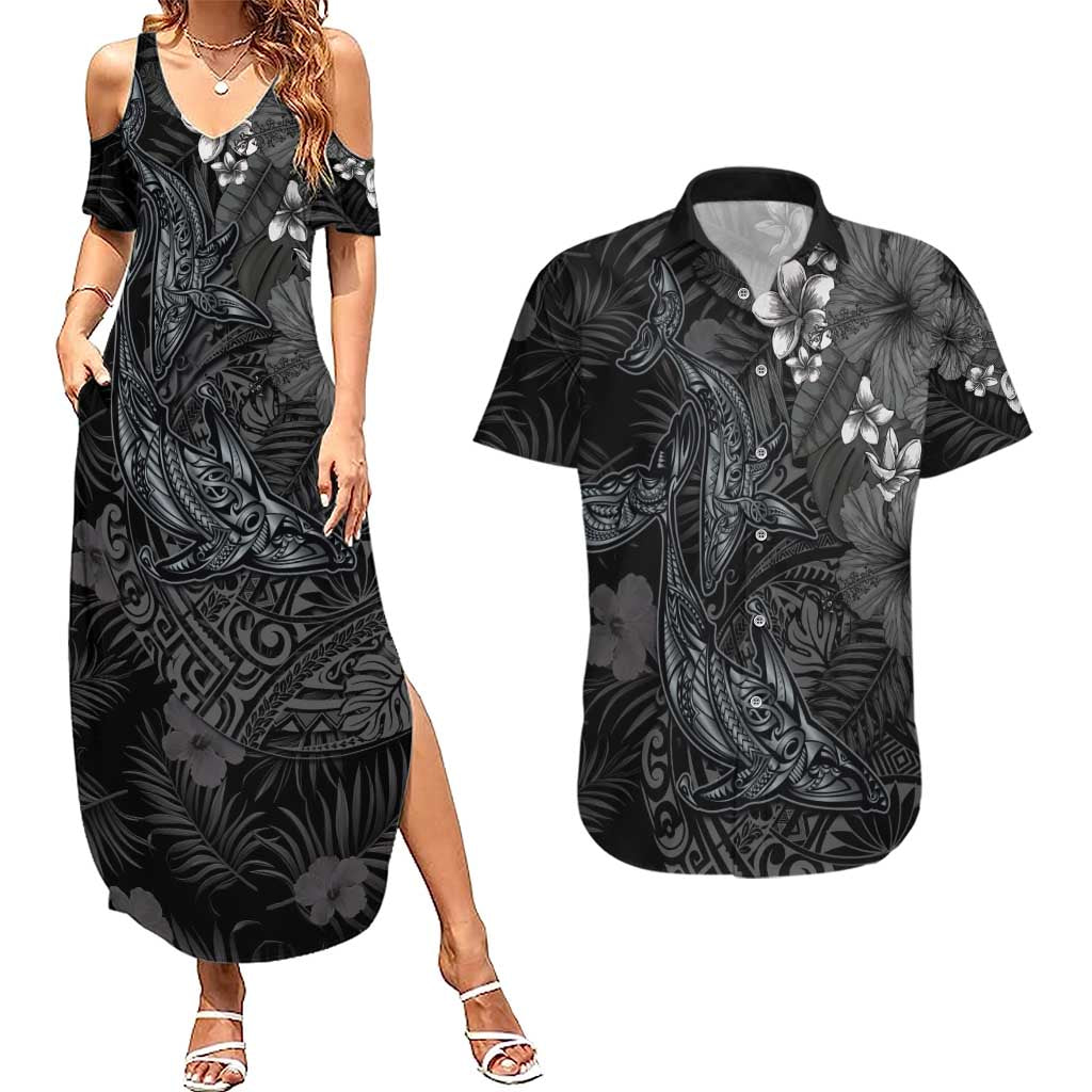 Hawaiian Tropical Plants and Tribal Whales Couples Matching Summer Maxi Dress and Hawaiian Shirt Polynesian Art Tattoo Grayscale