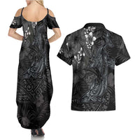 Hawaiian Tropical Plants and Tribal Whales Couples Matching Summer Maxi Dress and Hawaiian Shirt Polynesian Art Tattoo Grayscale LT03 - Polynesian Pride