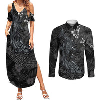 Hawaiian Tropical Plants and Tribal Whales Couples Matching Summer Maxi Dress and Long Sleeve Button Shirt Polynesian Art Tattoo Grayscale LT03 Black - Polynesian Pride