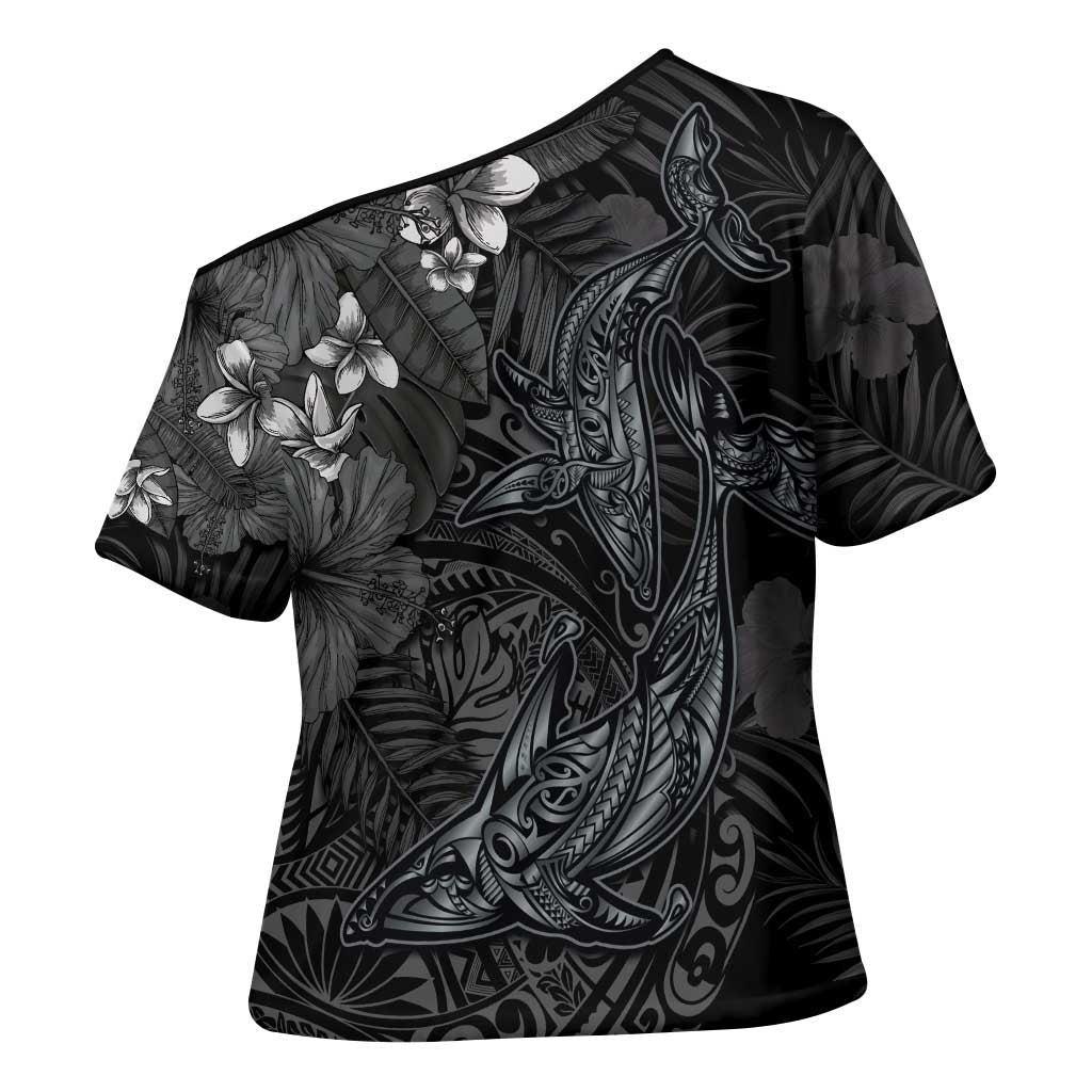 Hawaiian Tropical Plants and Tribal Whales Cross Shoulder Shirt Polynesian Art Tattoo Grayscale