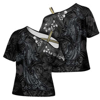 Hawaiian Tropical Plants and Tribal Whales Cross Shoulder Shirt Polynesian Art Tattoo Grayscale