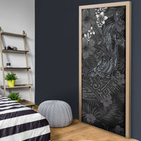Hawaiian Tropical Plants and Tribal Whales Door Cover Polynesian Art Tattoo Grayscale