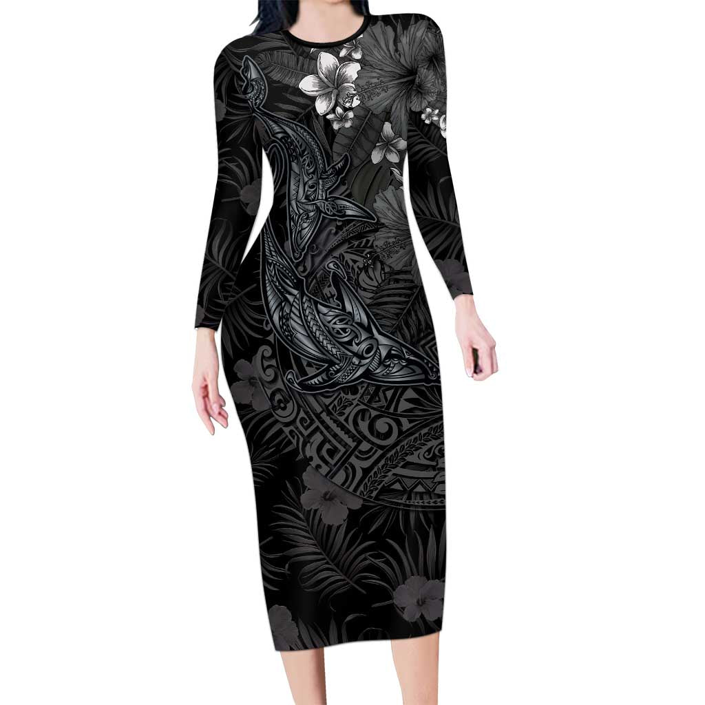 Hawaiian Tropical Plants and Tribal Whales Family Matching Long Sleeve Bodycon Dress and Hawaiian Shirt Polynesian Art Tattoo Grayscale LT03 Mom's Dress Black - Polynesian Pride