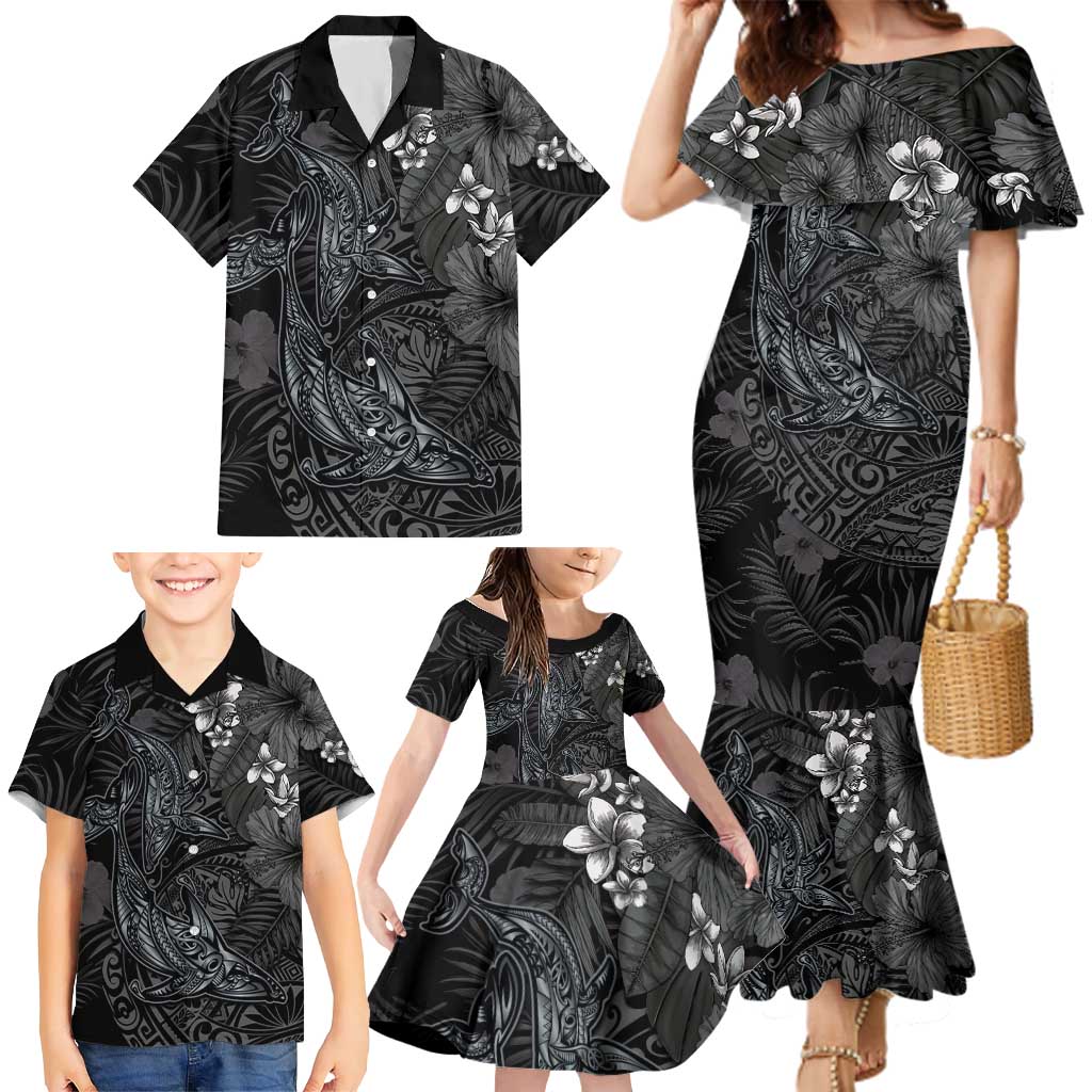 Hawaiian Tropical Plants and Tribal Whales Family Matching Mermaid Dress and Hawaiian Shirt Polynesian Art Tattoo Grayscale
