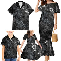 Hawaiian Tropical Plants and Tribal Whales Family Matching Mermaid Dress and Hawaiian Shirt Polynesian Art Tattoo Grayscale LT03 - Polynesian Pride
