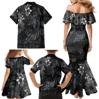 Hawaiian Tropical Plants and Tribal Whales Family Matching Mermaid Dress and Hawaiian Shirt Polynesian Art Tattoo Grayscale LT03 - Polynesian Pride