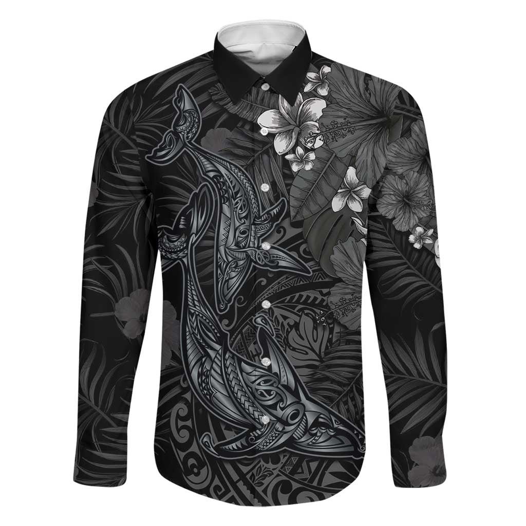 Hawaiian Tropical Plants and Tribal Whales Family Matching Mermaid Dress and Hawaiian Shirt Polynesian Art Tattoo Grayscale LT03 Dad's Shirt - Long Sleeve Black - Polynesian Pride