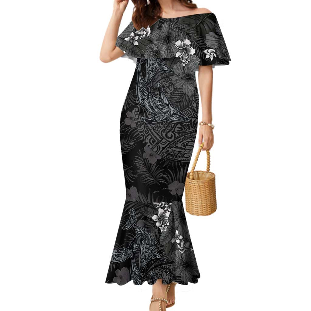 Hawaiian Tropical Plants and Tribal Whales Family Matching Mermaid Dress and Hawaiian Shirt Polynesian Art Tattoo Grayscale LT03 Mom's Dress Black - Polynesian Pride