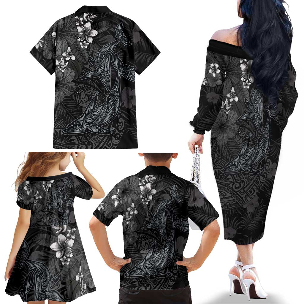 Hawaiian Tropical Plants and Tribal Whales Family Matching Off The Shoulder Long Sleeve Dress and Hawaiian Shirt Polynesian Art Tattoo Grayscale LT03 - Polynesian Pride