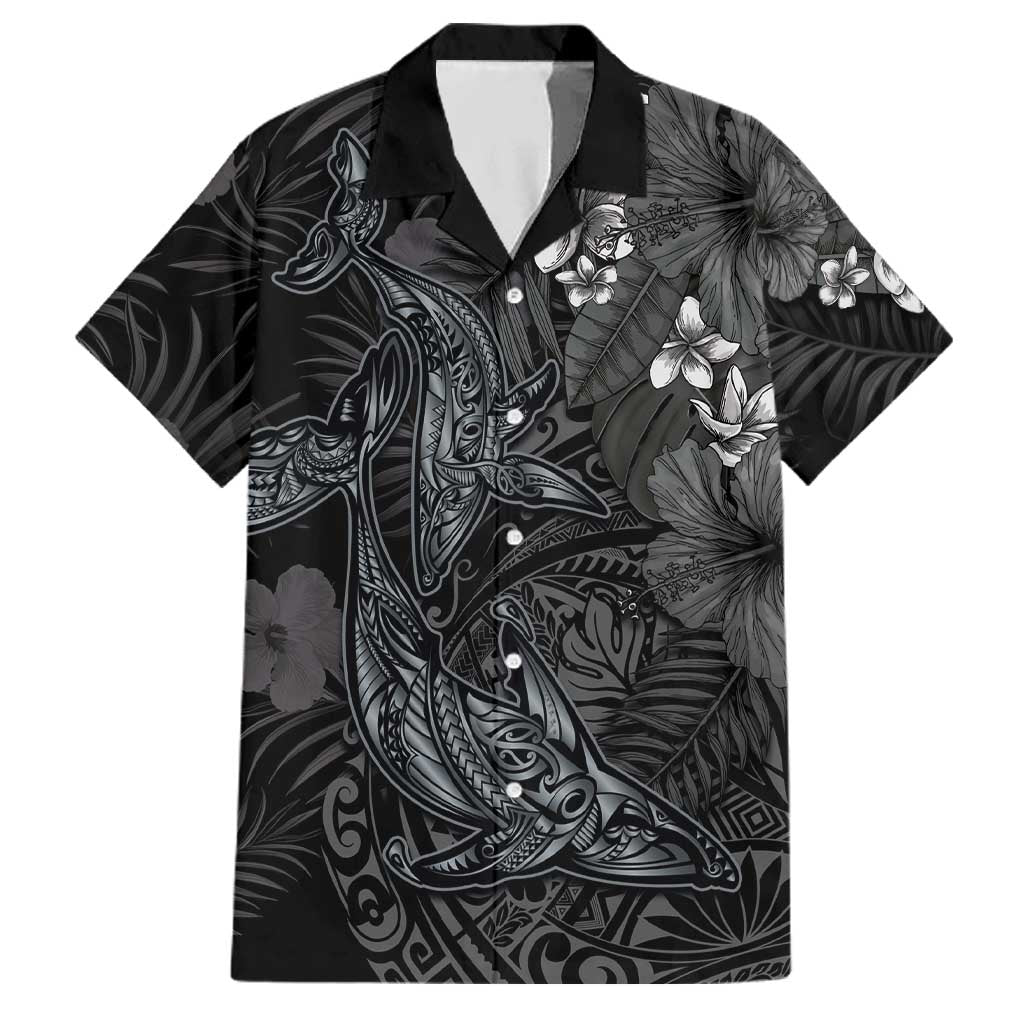Hawaiian Tropical Plants and Tribal Whales Family Matching Off Shoulder Maxi Dress and Hawaiian Shirt Polynesian Art Tattoo Grayscale LT03 Dad's Shirt - Short Sleeve Black - Polynesian Pride