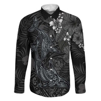 Hawaiian Tropical Plants and Tribal Whales Family Matching Off Shoulder Maxi Dress and Hawaiian Shirt Polynesian Art Tattoo Grayscale LT03 Dad's Shirt - Long Sleeve Black - Polynesian Pride