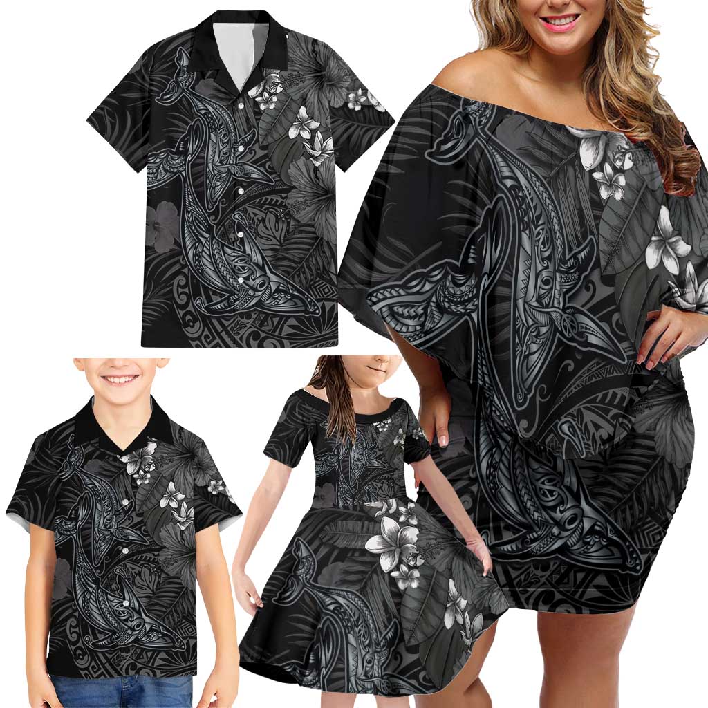 Hawaiian Tropical Plants and Tribal Whales Family Matching Off Shoulder Short Dress and Hawaiian Shirt Polynesian Art Tattoo Grayscale