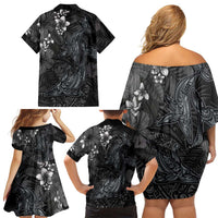 Hawaiian Tropical Plants and Tribal Whales Family Matching Off Shoulder Short Dress and Hawaiian Shirt Polynesian Art Tattoo Grayscale LT03 - Polynesian Pride