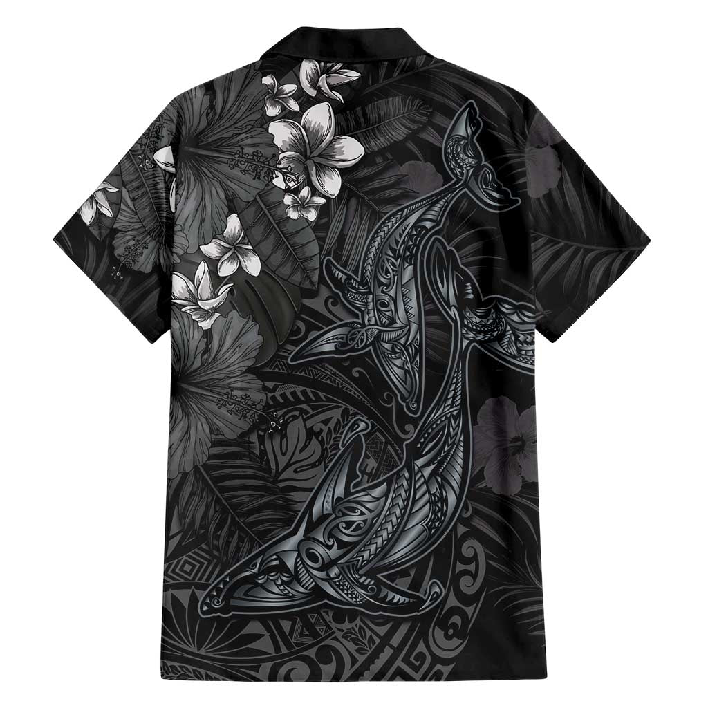 Hawaiian Tropical Plants and Tribal Whales Family Matching Off Shoulder Short Dress and Hawaiian Shirt Polynesian Art Tattoo Grayscale LT03 - Polynesian Pride