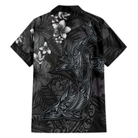 Hawaiian Tropical Plants and Tribal Whales Family Matching Off Shoulder Short Dress and Hawaiian Shirt Polynesian Art Tattoo Grayscale LT03 - Polynesian Pride