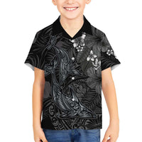 Hawaiian Tropical Plants and Tribal Whales Family Matching Off Shoulder Short Dress and Hawaiian Shirt Polynesian Art Tattoo Grayscale LT03 Son's Shirt Black - Polynesian Pride