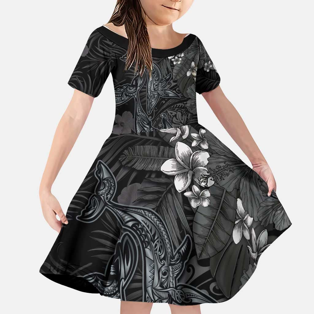 Hawaiian Tropical Plants and Tribal Whales Family Matching Puletasi and Hawaiian Shirt Polynesian Art Tattoo Grayscale LT03 Daughter's Dress Black - Polynesian Pride