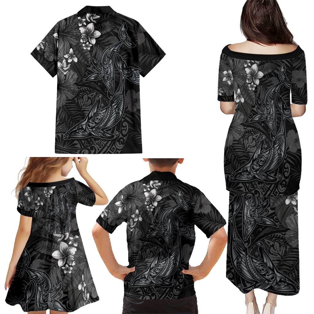 Hawaiian Tropical Plants and Tribal Whales Family Matching Puletasi and Hawaiian Shirt Polynesian Art Tattoo Grayscale LT03 - Polynesian Pride