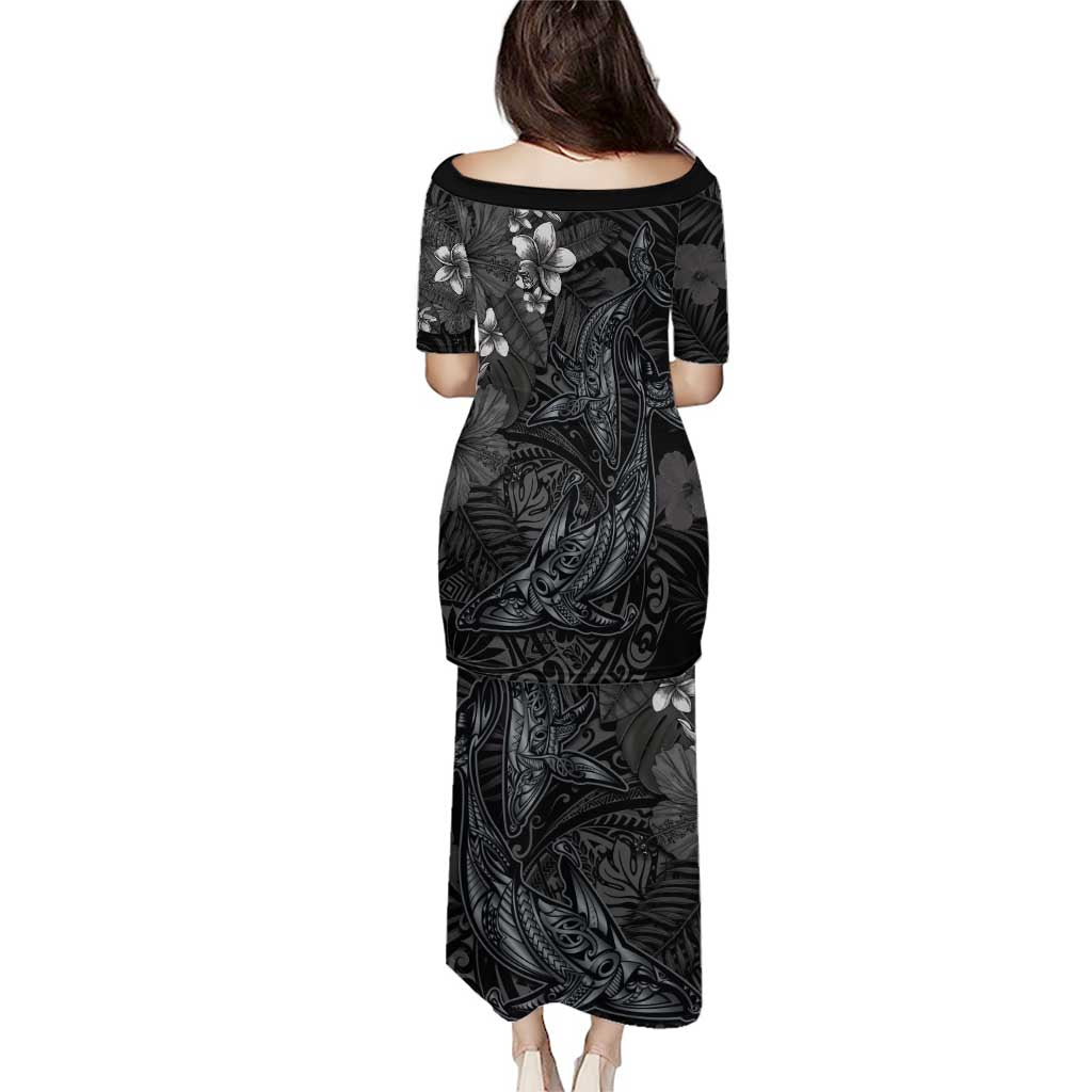 Hawaiian Tropical Plants and Tribal Whales Family Matching Puletasi and Hawaiian Shirt Polynesian Art Tattoo Grayscale LT03 - Polynesian Pride