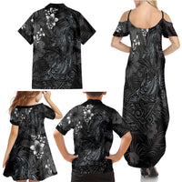 Hawaiian Tropical Plants and Tribal Whales Family Matching Summer Maxi Dress and Hawaiian Shirt Polynesian Art Tattoo Grayscale LT03 - Polynesian Pride
