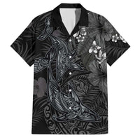 Hawaiian Tropical Plants and Tribal Whales Family Matching Tank Maxi Dress and Hawaiian Shirt Polynesian Art Tattoo Grayscale LT03 Dad's Shirt - Short Sleeve Black - Polynesian Pride