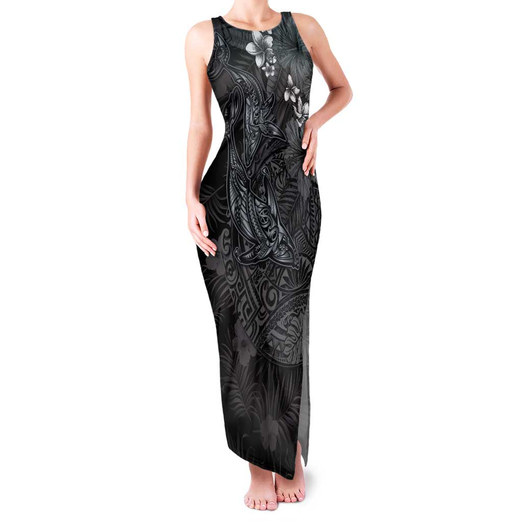 Hawaiian Tropical Plants and Tribal Whales Family Matching Tank Maxi Dress and Hawaiian Shirt Polynesian Art Tattoo Grayscale LT03 Mom's Dress Black - Polynesian Pride