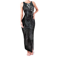 Hawaiian Tropical Plants and Tribal Whales Family Matching Tank Maxi Dress and Hawaiian Shirt Polynesian Art Tattoo Grayscale LT03 Mom's Dress Black - Polynesian Pride