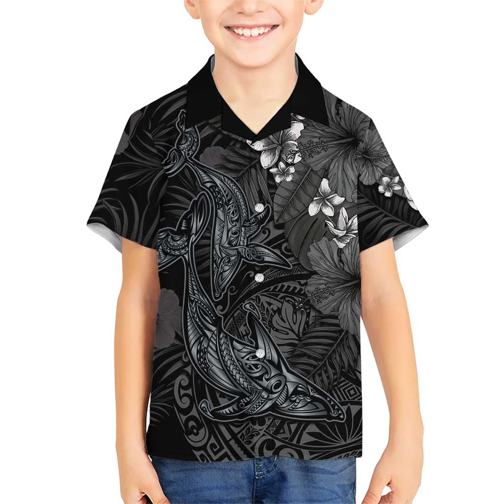 Hawaiian Tropical Plants and Tribal Whales Family Matching Tank Maxi Dress and Hawaiian Shirt Polynesian Art Tattoo Grayscale LT03 Son's Shirt Black - Polynesian Pride