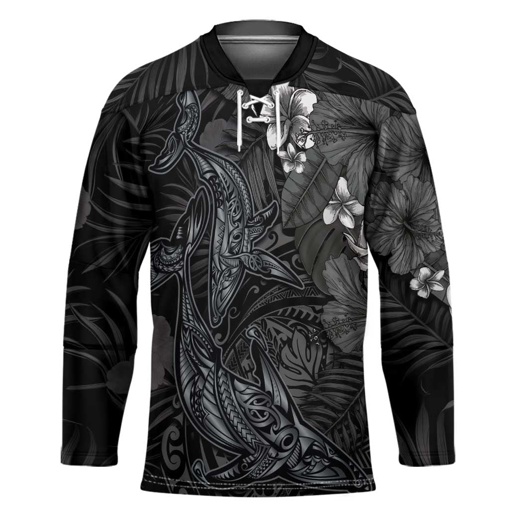 Hawaiian Tropical Plants and Tribal Whales Hockey Jersey Polynesian Art Tattoo Grayscale