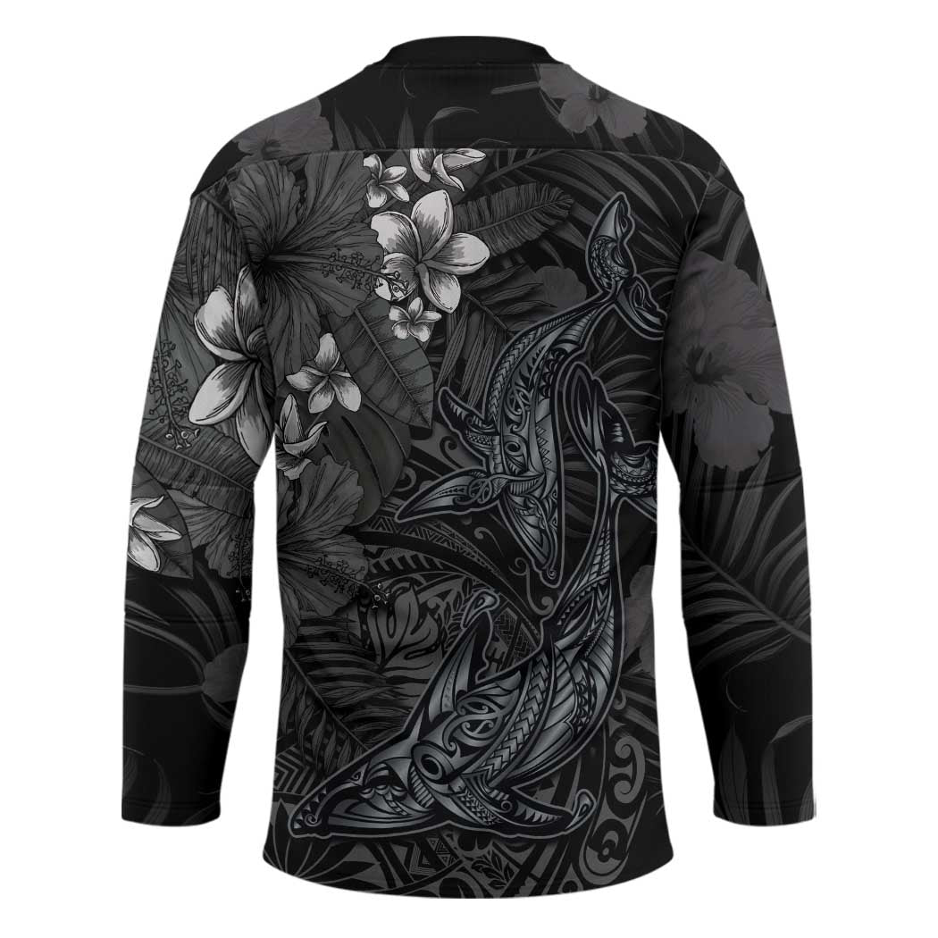 Hawaiian Tropical Plants and Tribal Whales Hockey Jersey Polynesian Art Tattoo Grayscale
