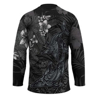 Hawaiian Tropical Plants and Tribal Whales Hockey Jersey Polynesian Art Tattoo Grayscale