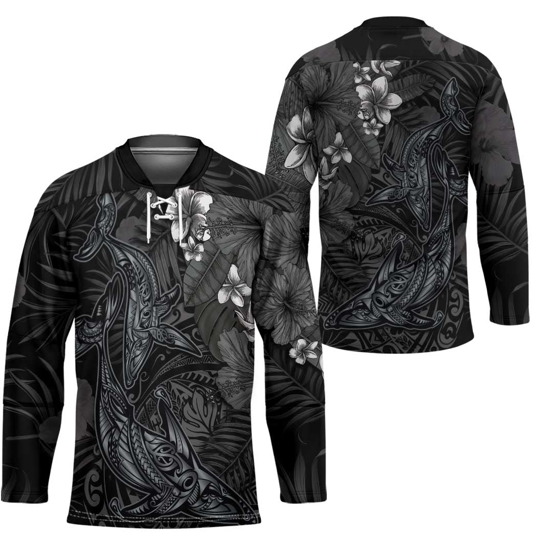 Hawaiian Tropical Plants and Tribal Whales Hockey Jersey Polynesian Art Tattoo Grayscale