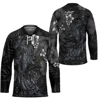 Hawaiian Tropical Plants and Tribal Whales Hockey Jersey Polynesian Art Tattoo Grayscale