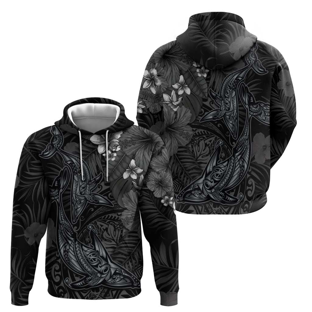 Hawaiian Tropical Plants and Tribal Whales Hoodie Polynesian Art Tattoo Grayscale
