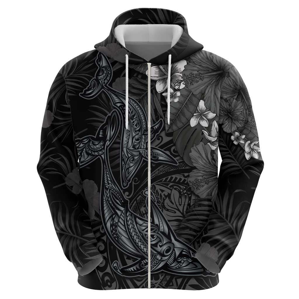 Hawaiian Tropical Plants and Tribal Whales Hoodie Polynesian Art Tattoo Grayscale